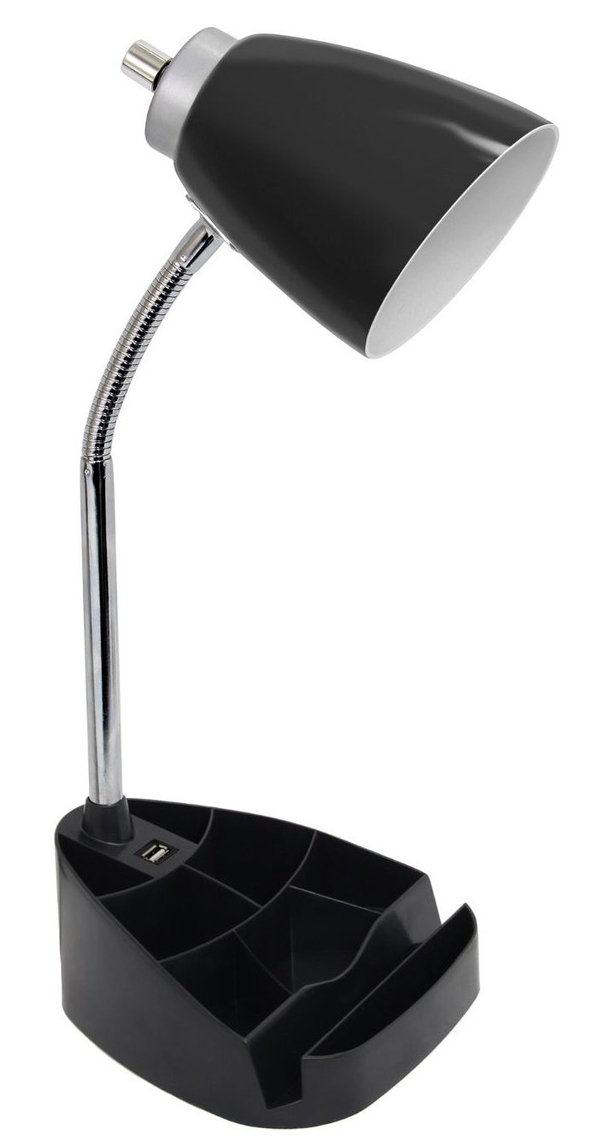 black gooseneck organizer lamp with iPad stand and USB port