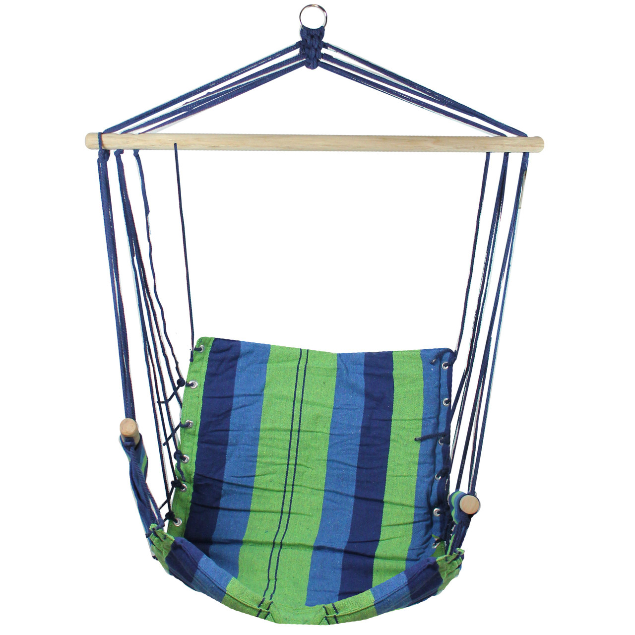 blue and green striped hammock chair