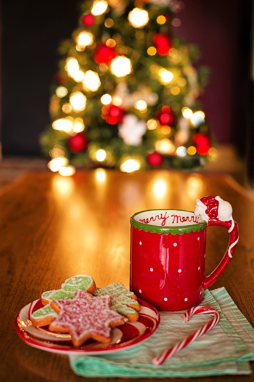 Christmas Cookies & Mug In Front of Christmas Tree