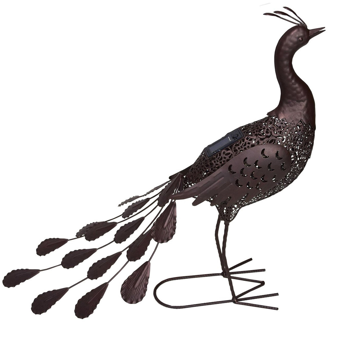 weather resistant painted steel filigree 22 inch solar powered peacock statue