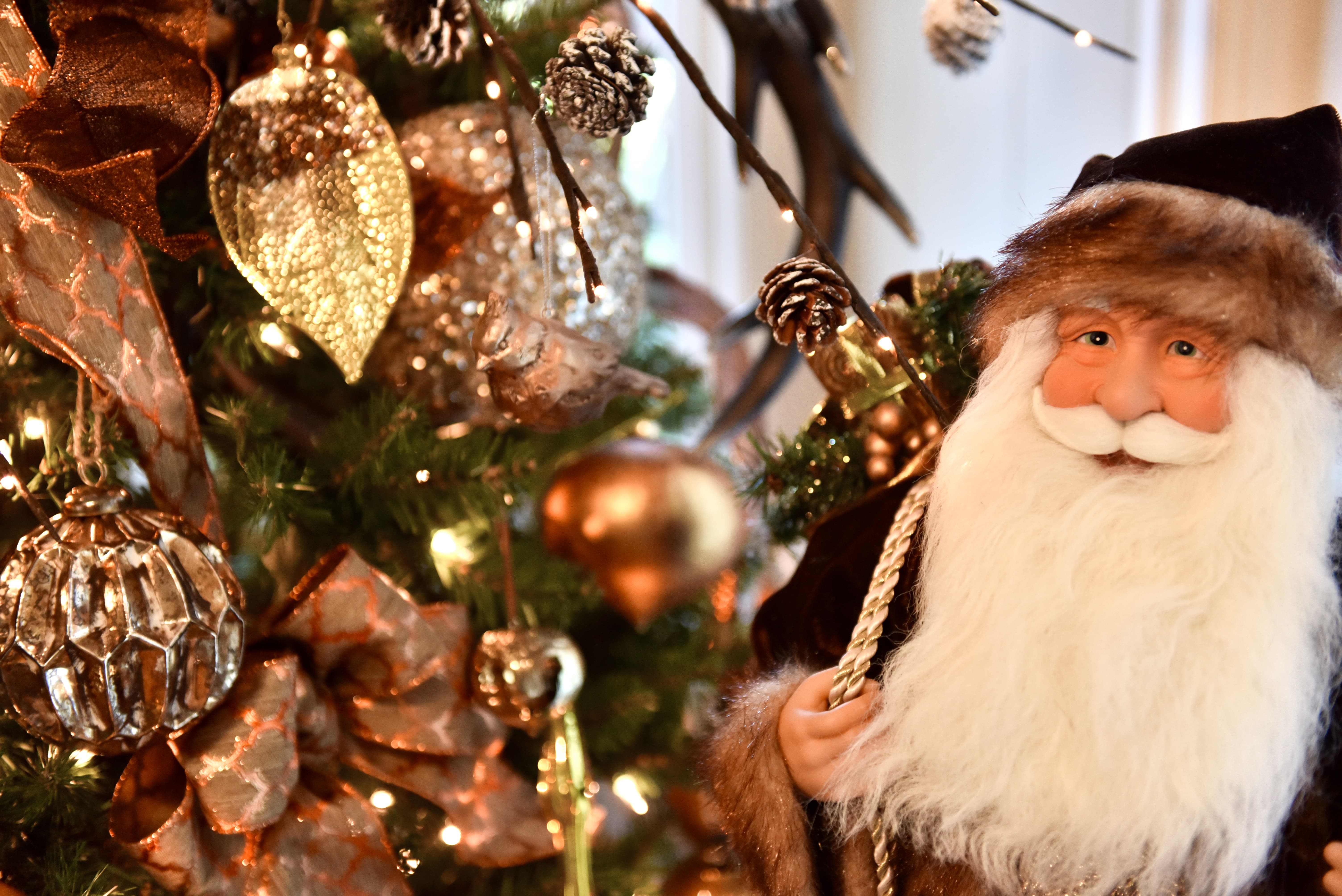 Santa Claus Figure Next to Rustic Themed Christmas Tree