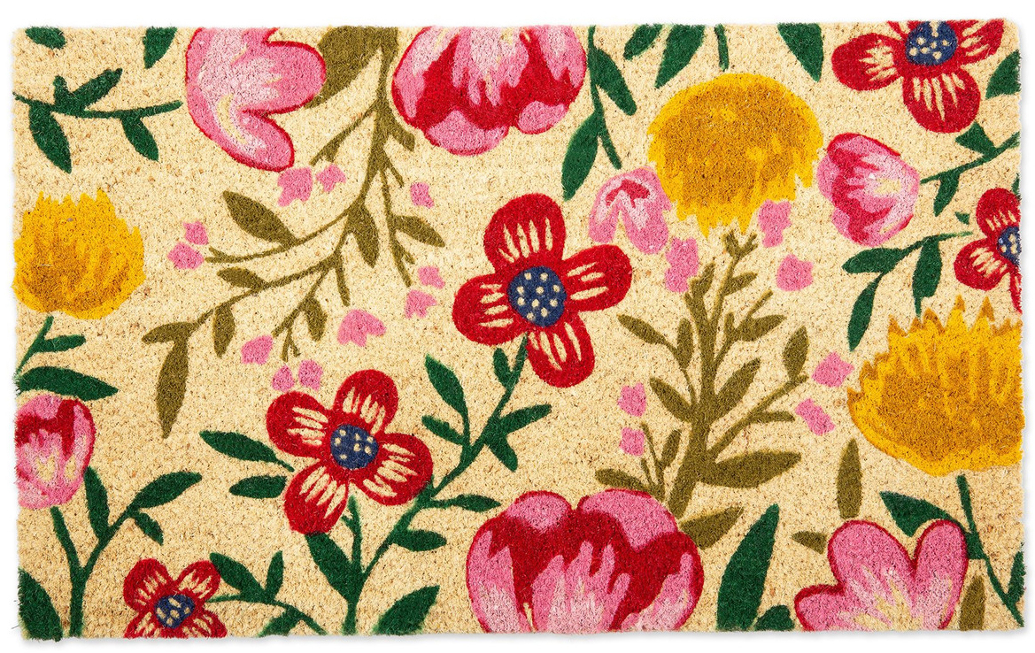 pink and yellow coir floral doormat