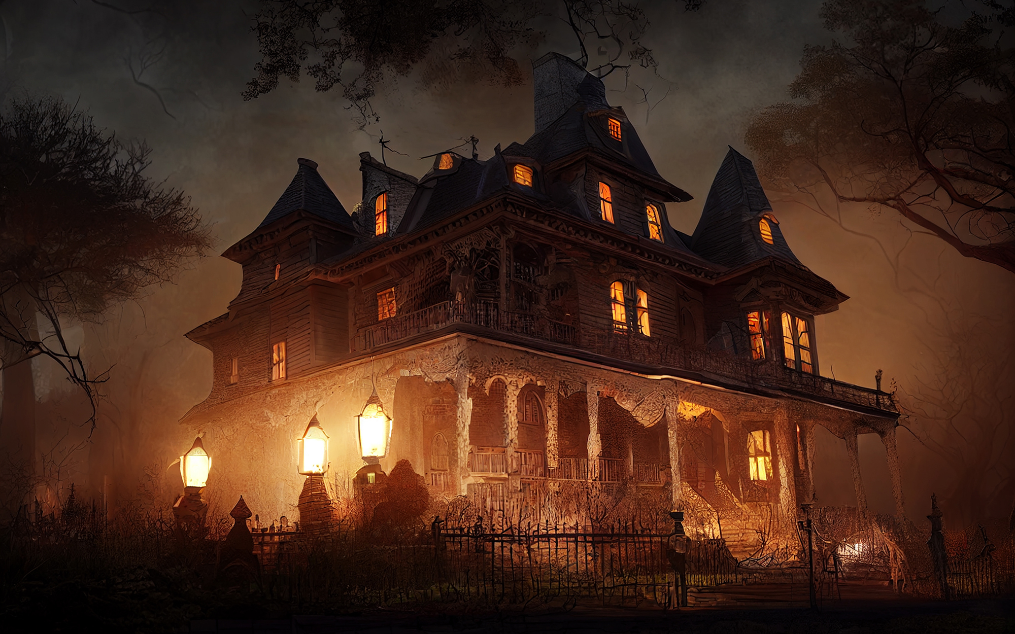 spooky old haunted house, lights in the windows, atmosphere foggy background