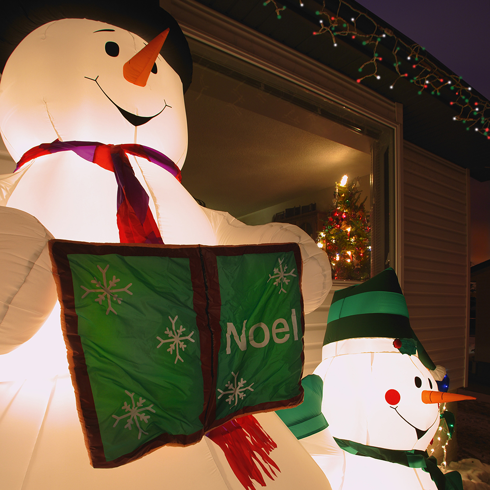 closeup of snowman inflatable Christmas decorations