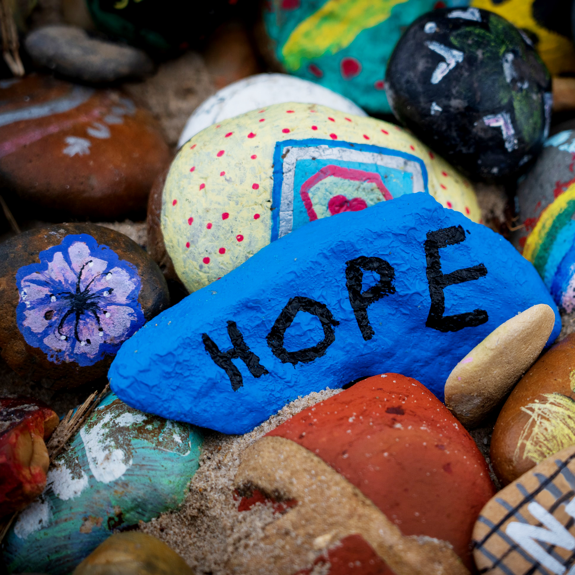 collection of hand-painted rocks with inspirational messages