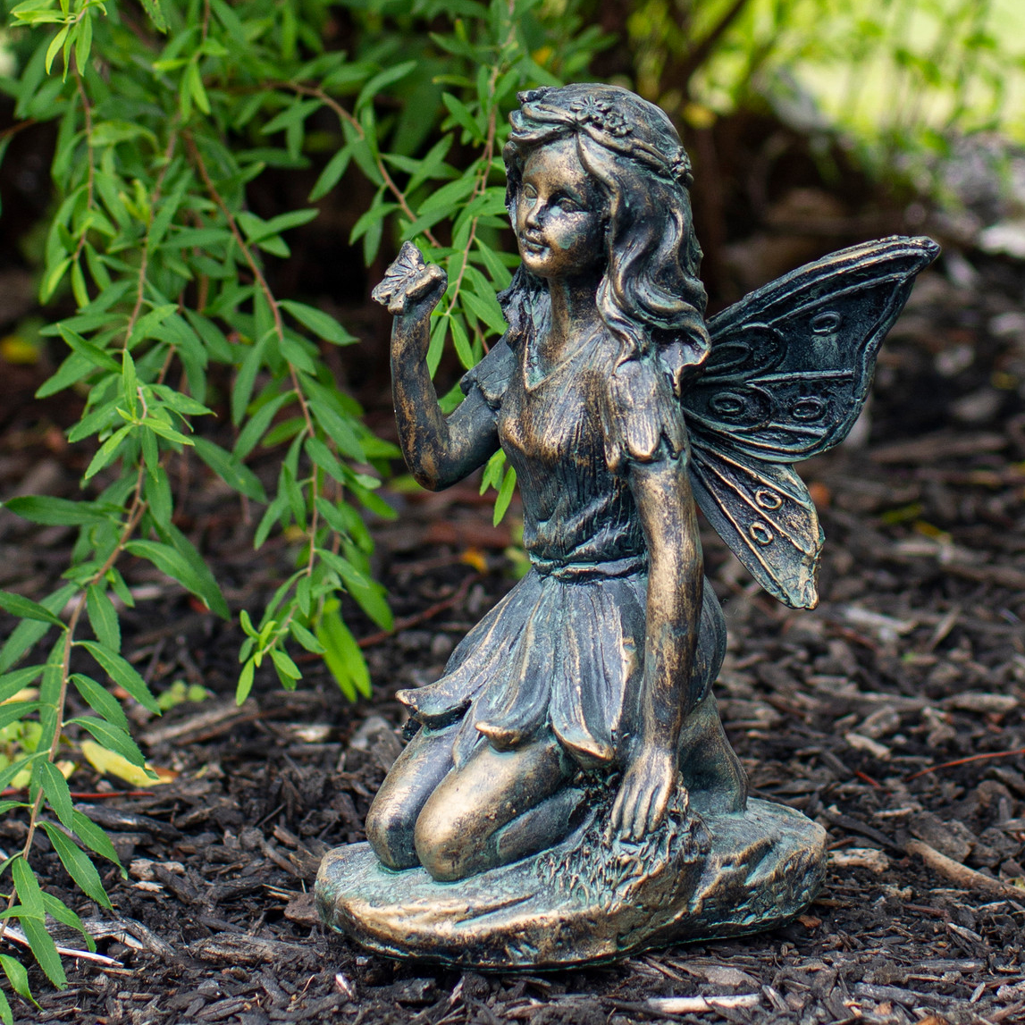 kneeling bronze-finished resin garden fairy statue - fairy with butterfly