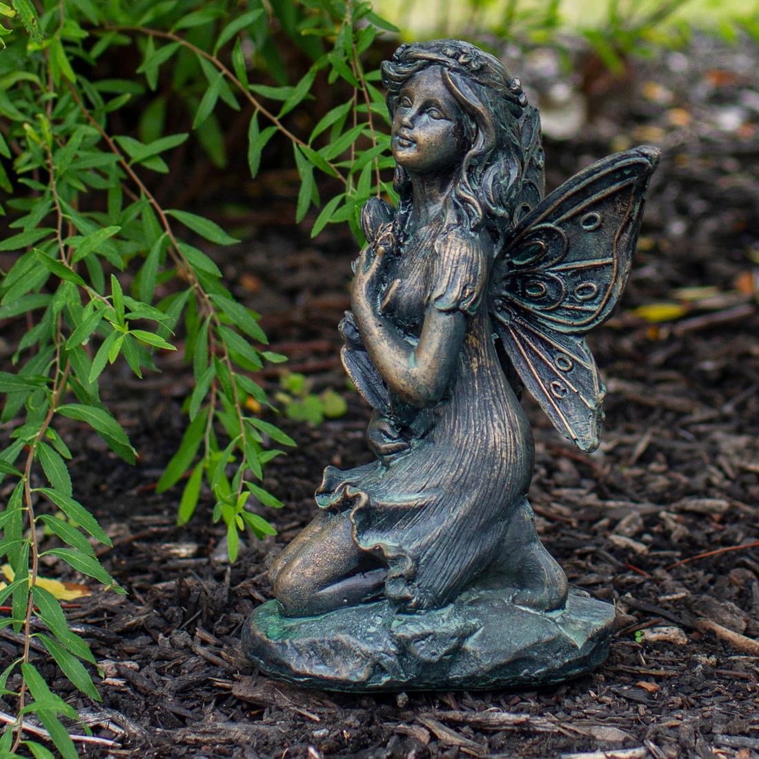 kneeling bronze-finish resin garden fairy statue - fairy holding flower