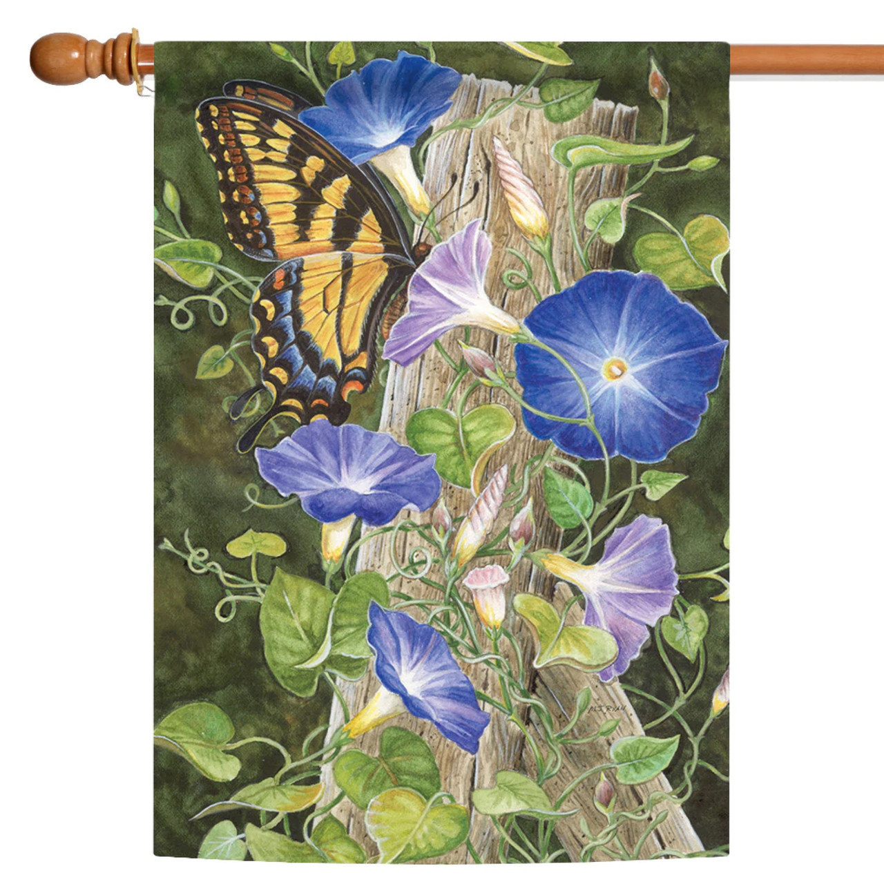 Blue nd green morning glory and butterfly house flag