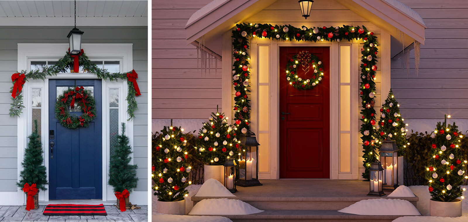 Image 1: Matching topiaries flank a doorway; Image 2: rows of topiaries line the walkway leading to the front door