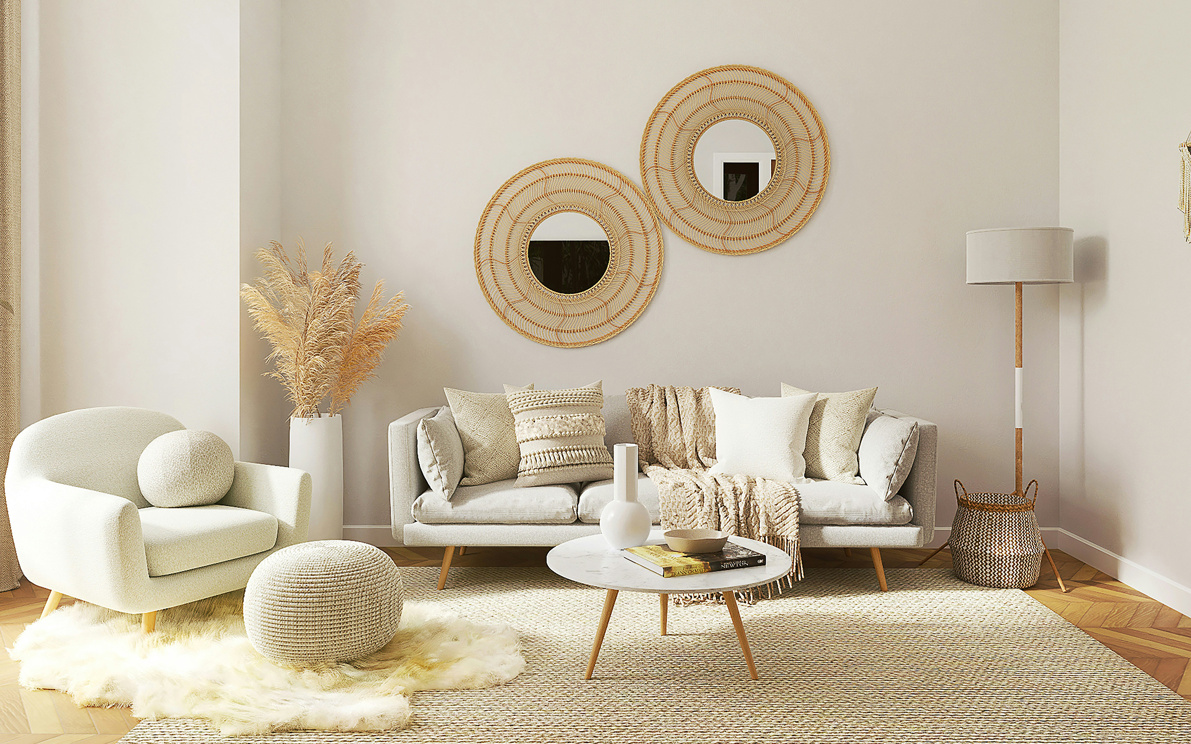 neutral living room with cozy pillows and poufs, soft rug, woven floor mats and simple furnishings