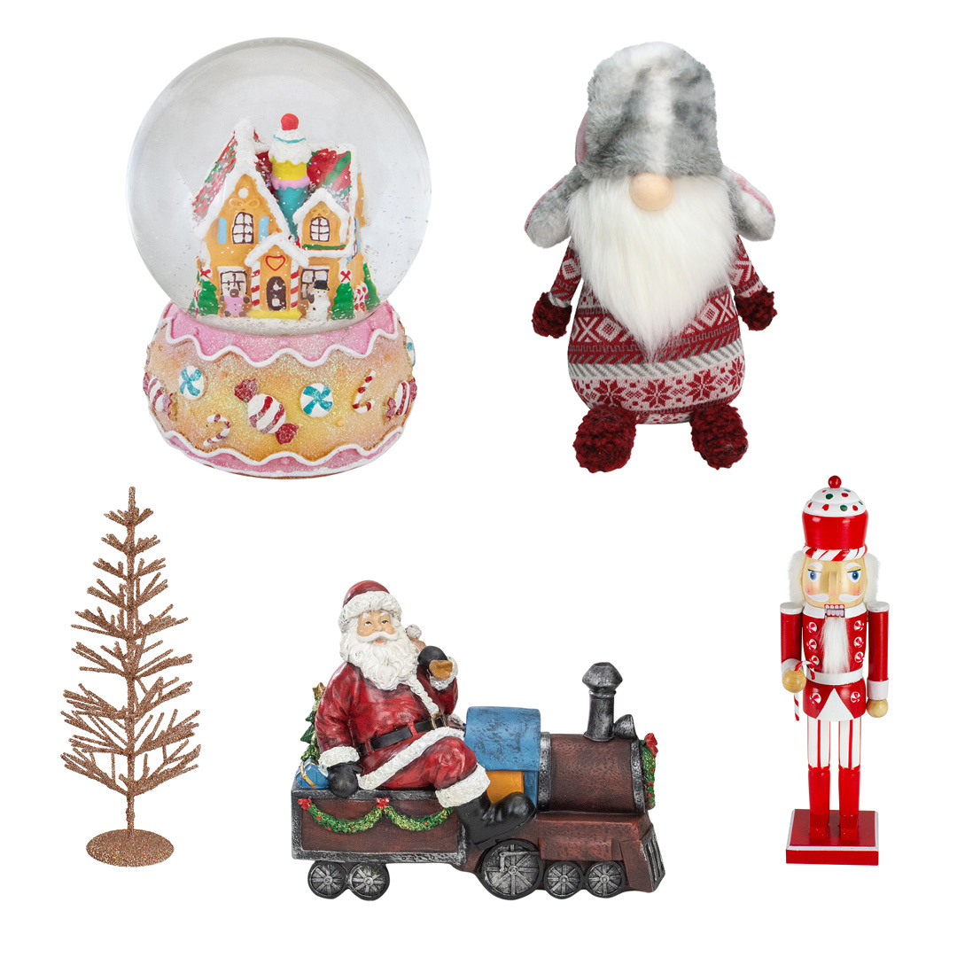 Christmas gnome, nutcracker, Santa figurine, rose gold tabletop tree, gingerbread themed snow globe tabletop decorations