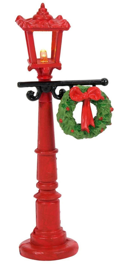 old fashioned red street lamp with wreath Christmas village decor