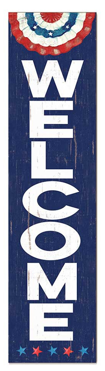 red, white and blue "welcome" wooden leaner sign