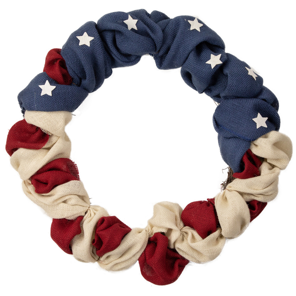 20 inch bunched burlap red, white and blue wreath