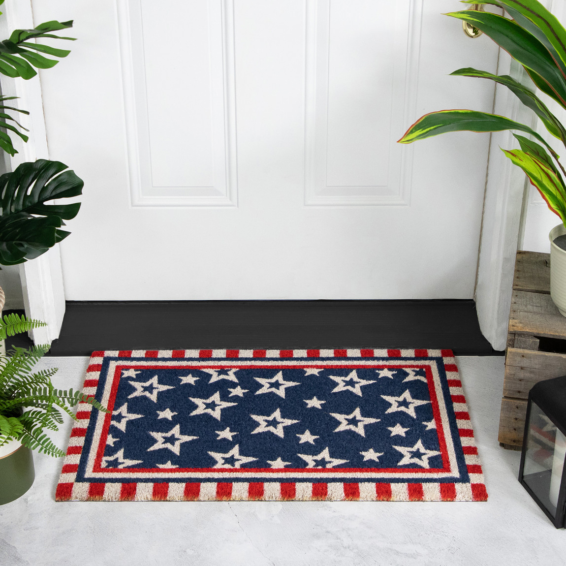blue stars with red and white striped border coir doormat