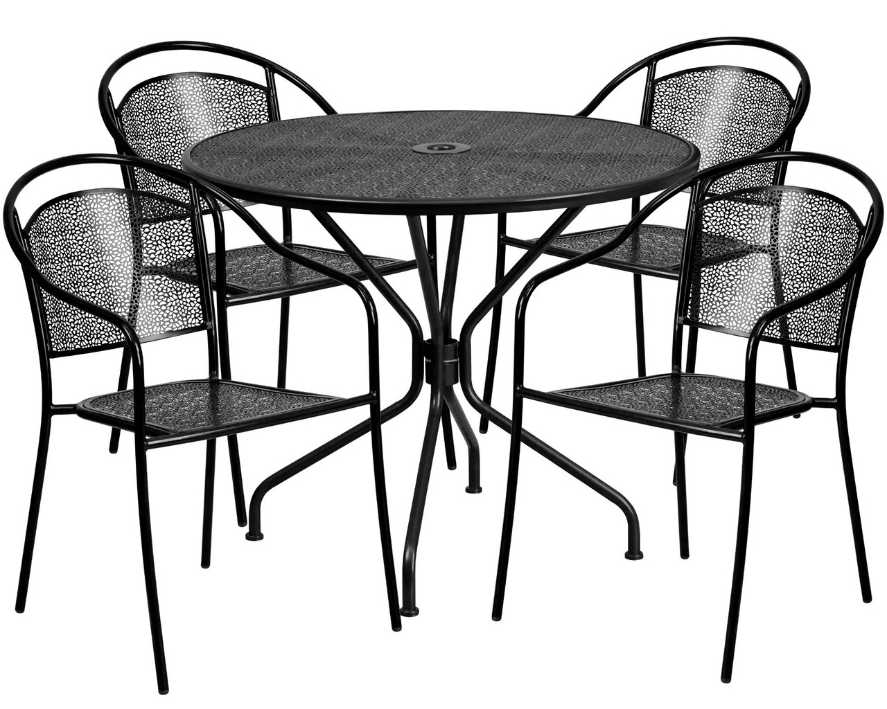 black steel powder coated dining set with round table and four armchairs