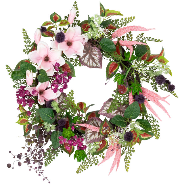 succulent and fern floral wreath with pink flowers