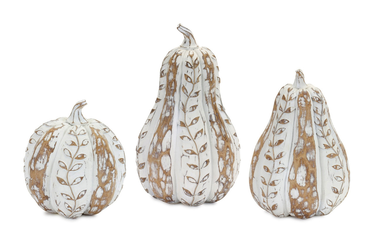 set of three distressed white and brown wooden fall fruit tabletop decorations
