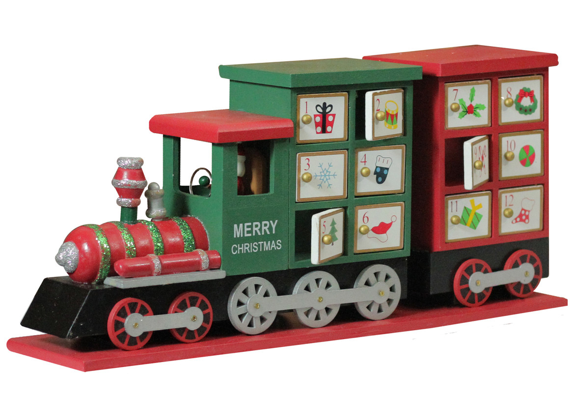 red and green locomotive tabletop advent calendar