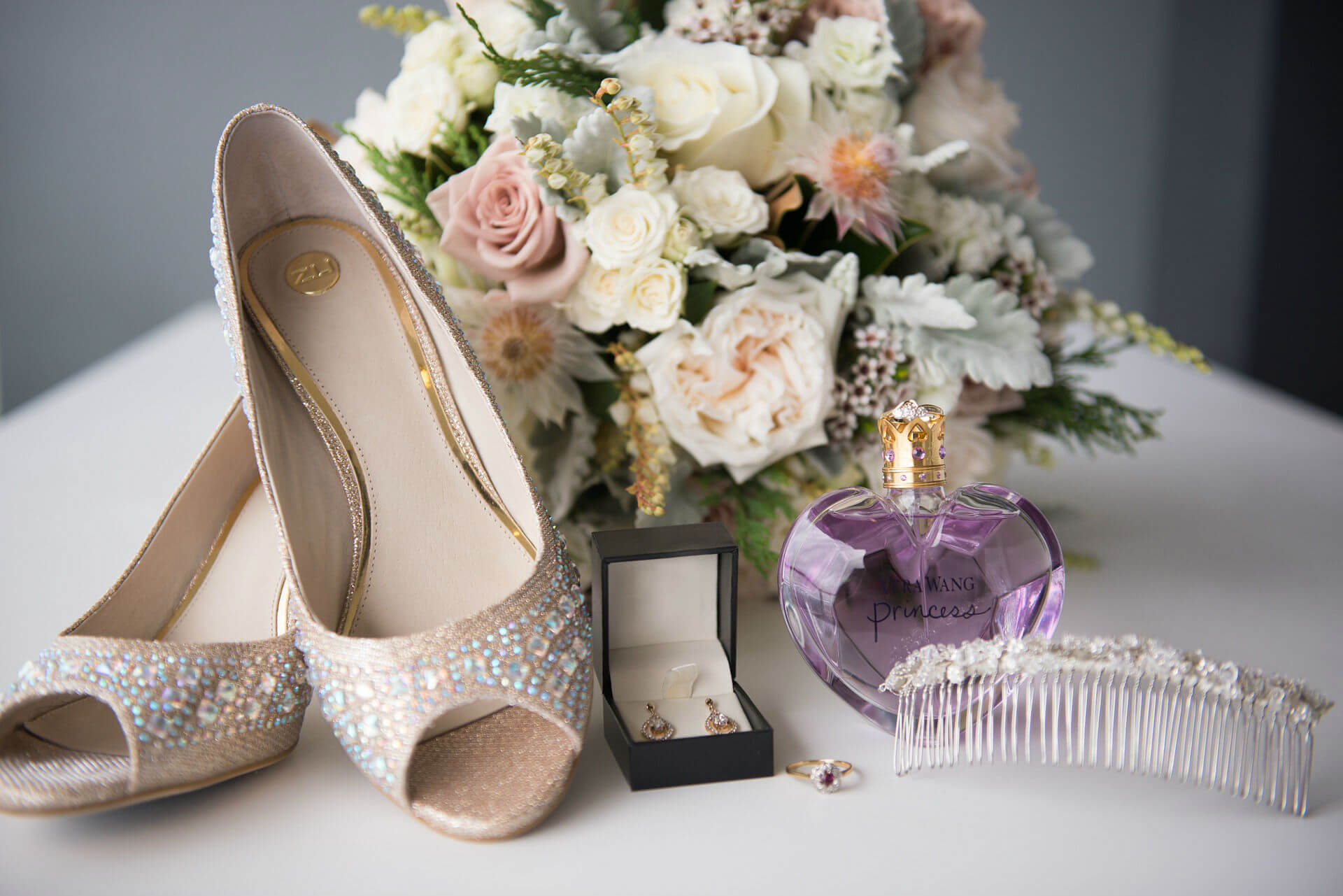 wedding ring, shoes, bouquet, photograph