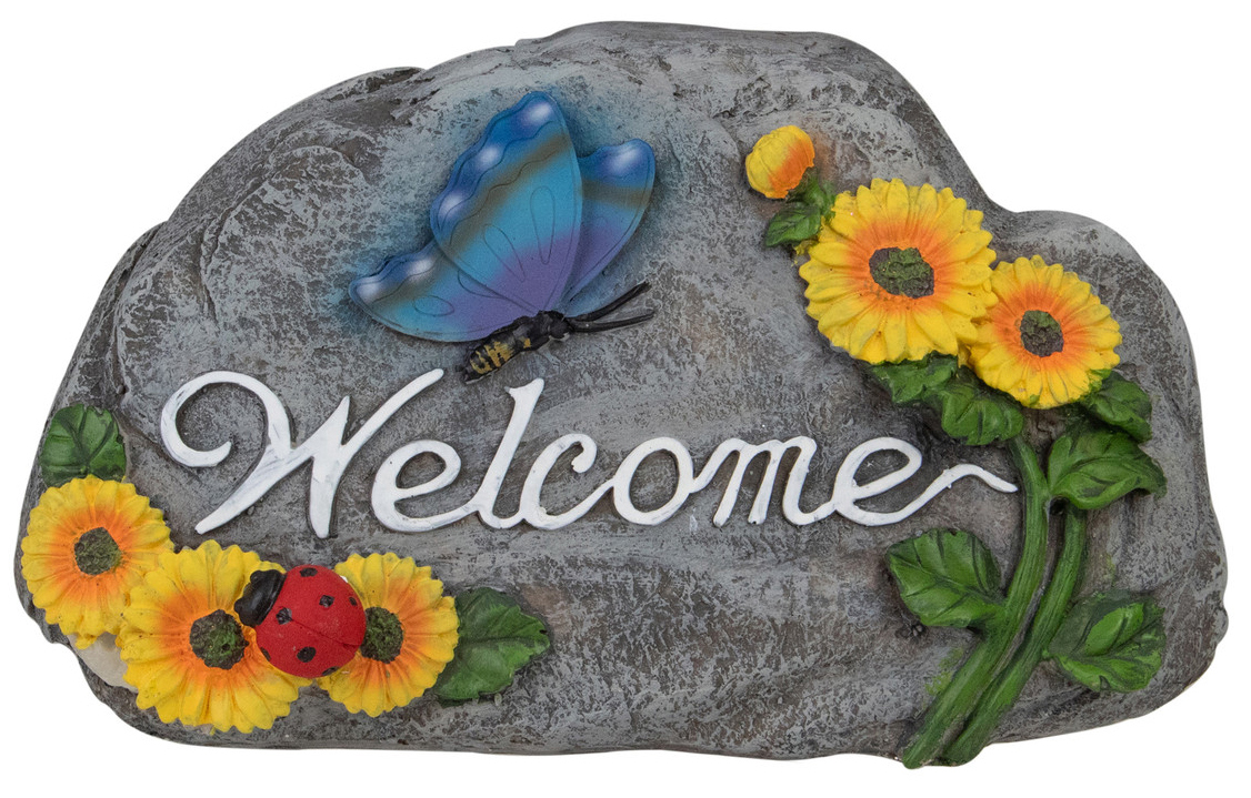 Welcome flowers and butterfly garden stone