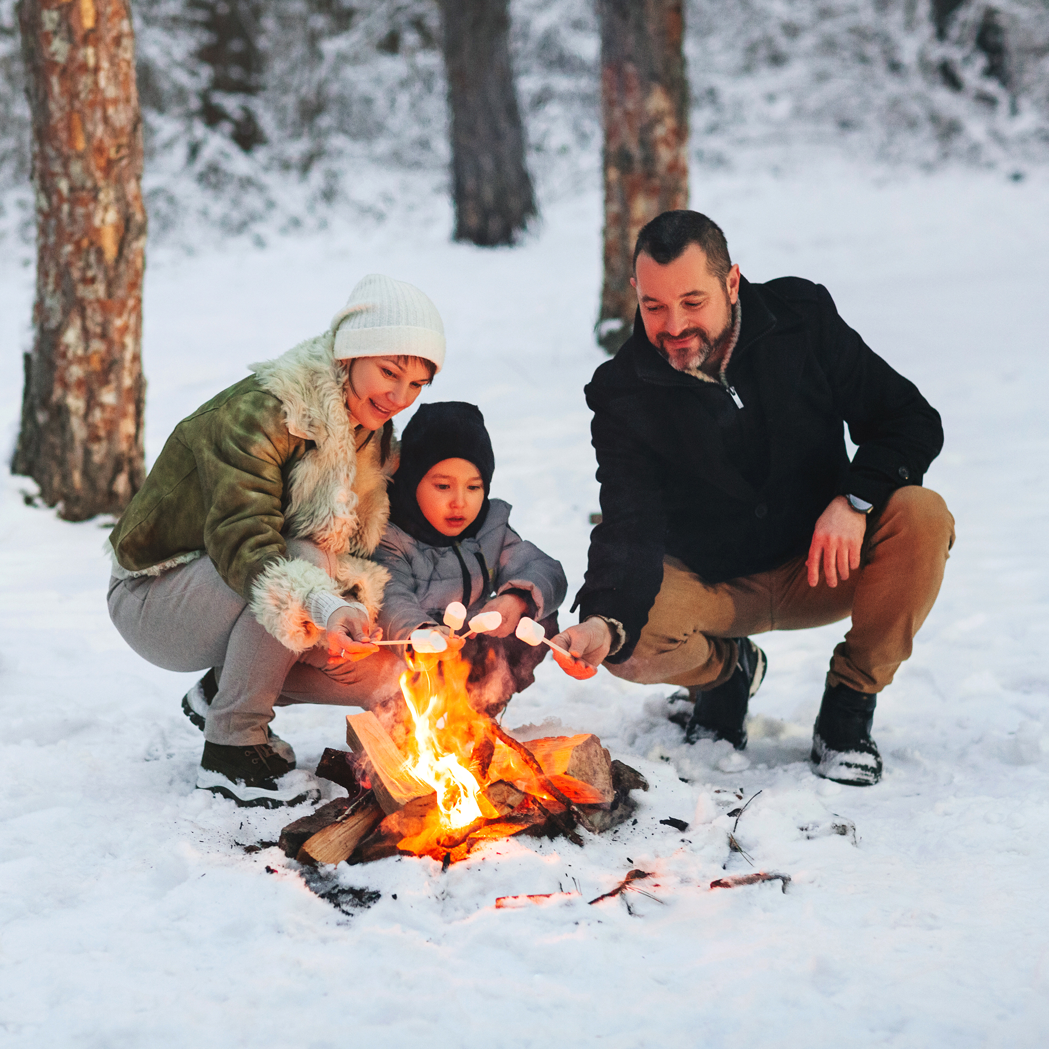 mother, father and child toasting marshmallows over bonfire in winter