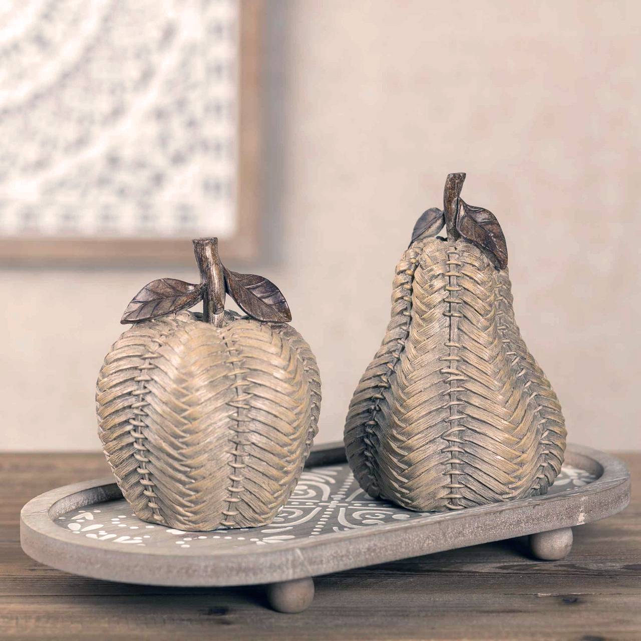 brown wicker apple and pear tabletop decorations